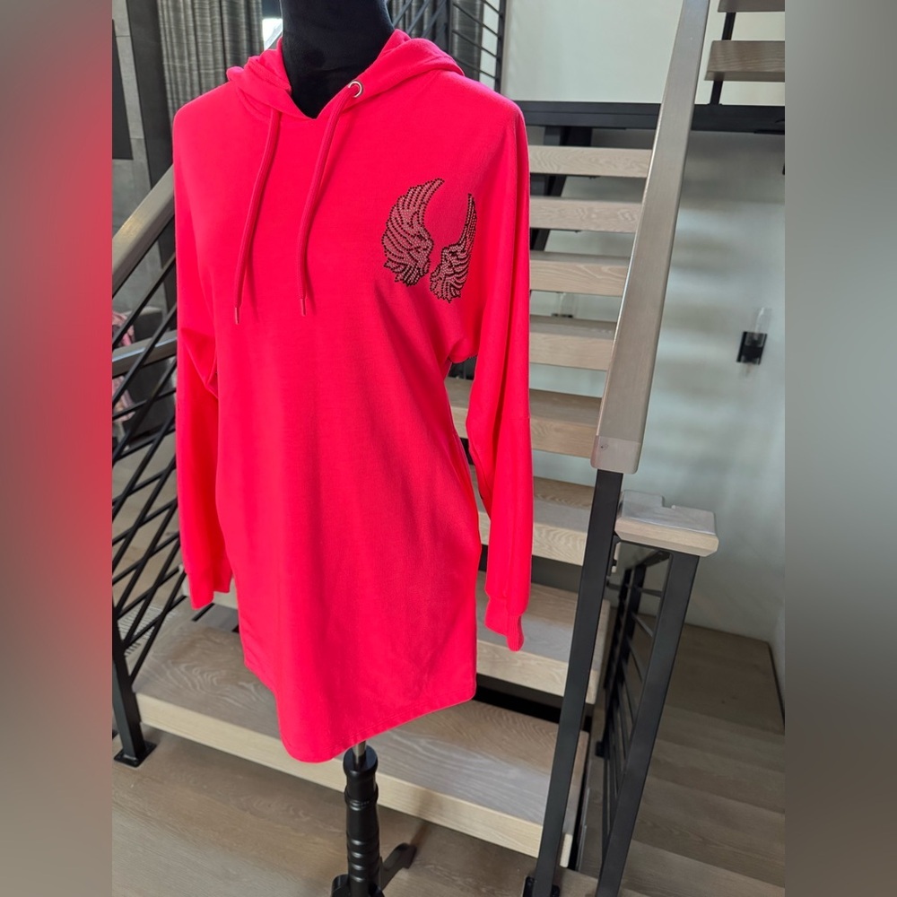 New Hot Pink Hoodie Dress with pockets and Wing Design - Picture 9 of 13